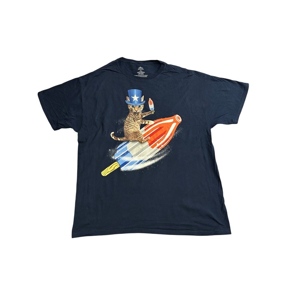 Celebrate Patriotic T-Shirt Mens XL Navy‎ Blue Excellent Cat Riding Rocket Pop